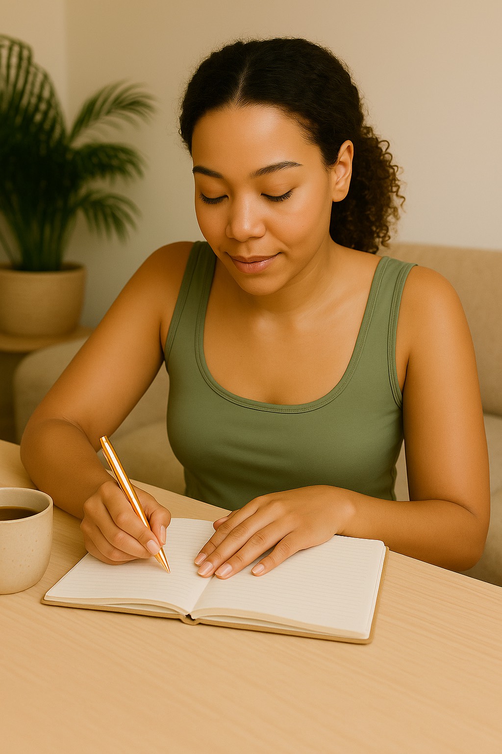 A young African-American woman journaling at a table in soft natural light, looking down thoughtfully as she writes. A cup of tea rests beside her. The background is calm and minimal, reflecting a peaceful, wellness-inspired setting.