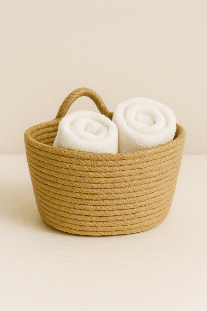 Woven basket with white rolled towels representing selfcare habits