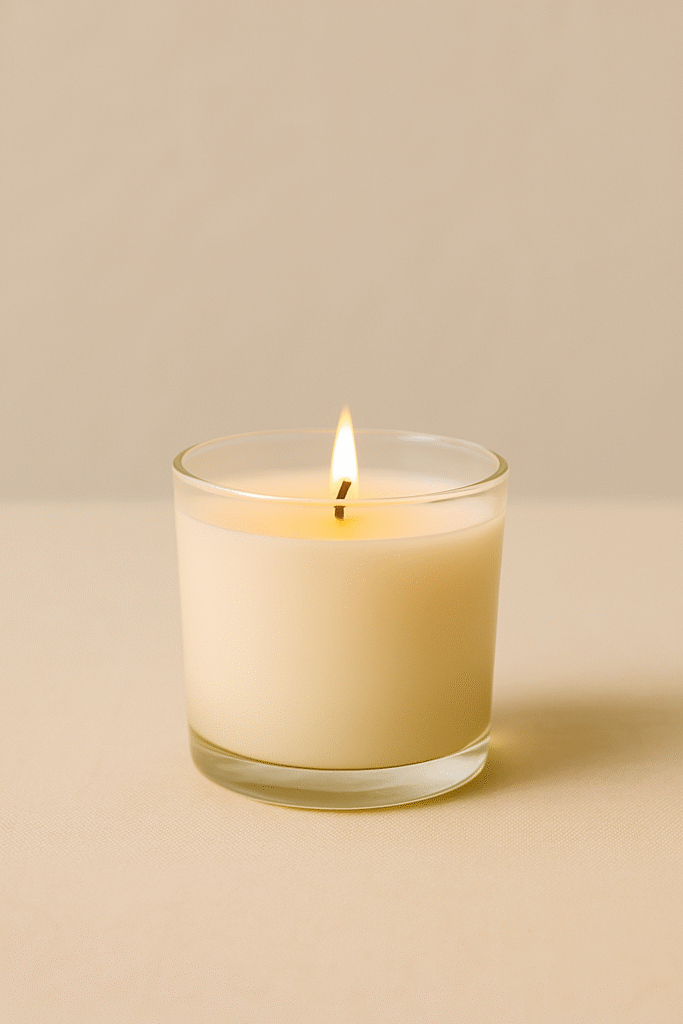 Lit soy candle on a smooth surface, glowing gently to create a calm, relaxing atmosphere for stress relief and selfcare